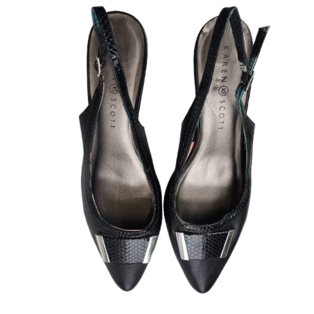 Womens 8.5 Black Academia Karen Scott Buckled Pointed Toe Slingback 3" Heels